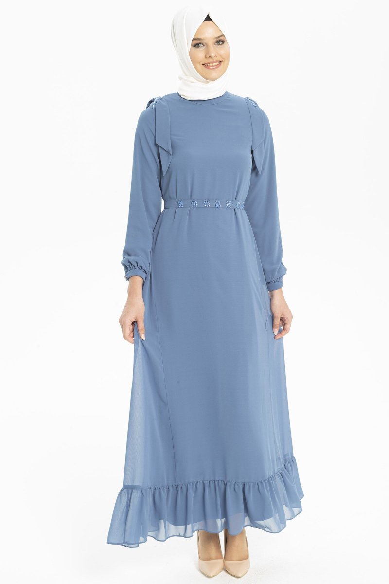 Beyza Mavi Şifon Detaylı Elbise