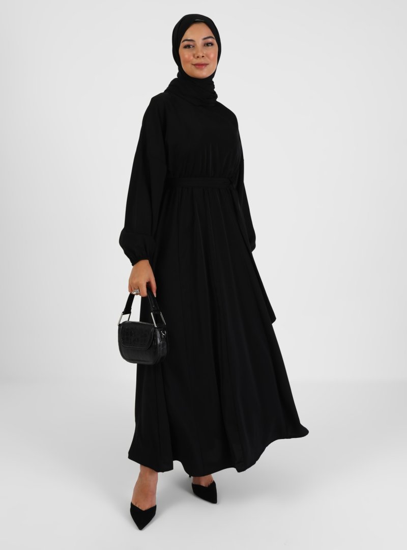 Tavin Siyah Kol Ucu Lastikli Beli Büzgülü Kloş Elbise