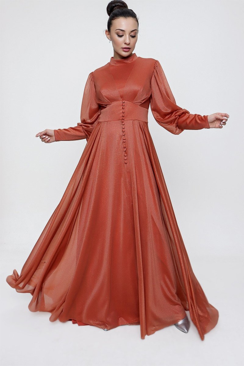 Saygı Giyim Tarçın Düğme Detaylı Simli Uzun Abiye Elbise