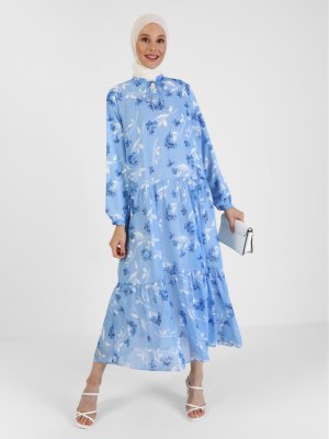 Refka Mavi Beyaz Çiçekli Bağlama Detaylı Astarlı Şifon Elbise