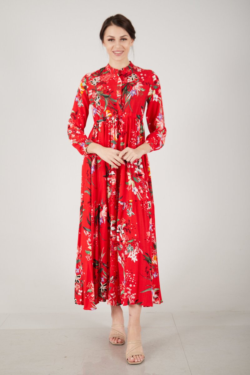 Ardanewline Kırmızı Üzeri Çiçek Desenli Elbise