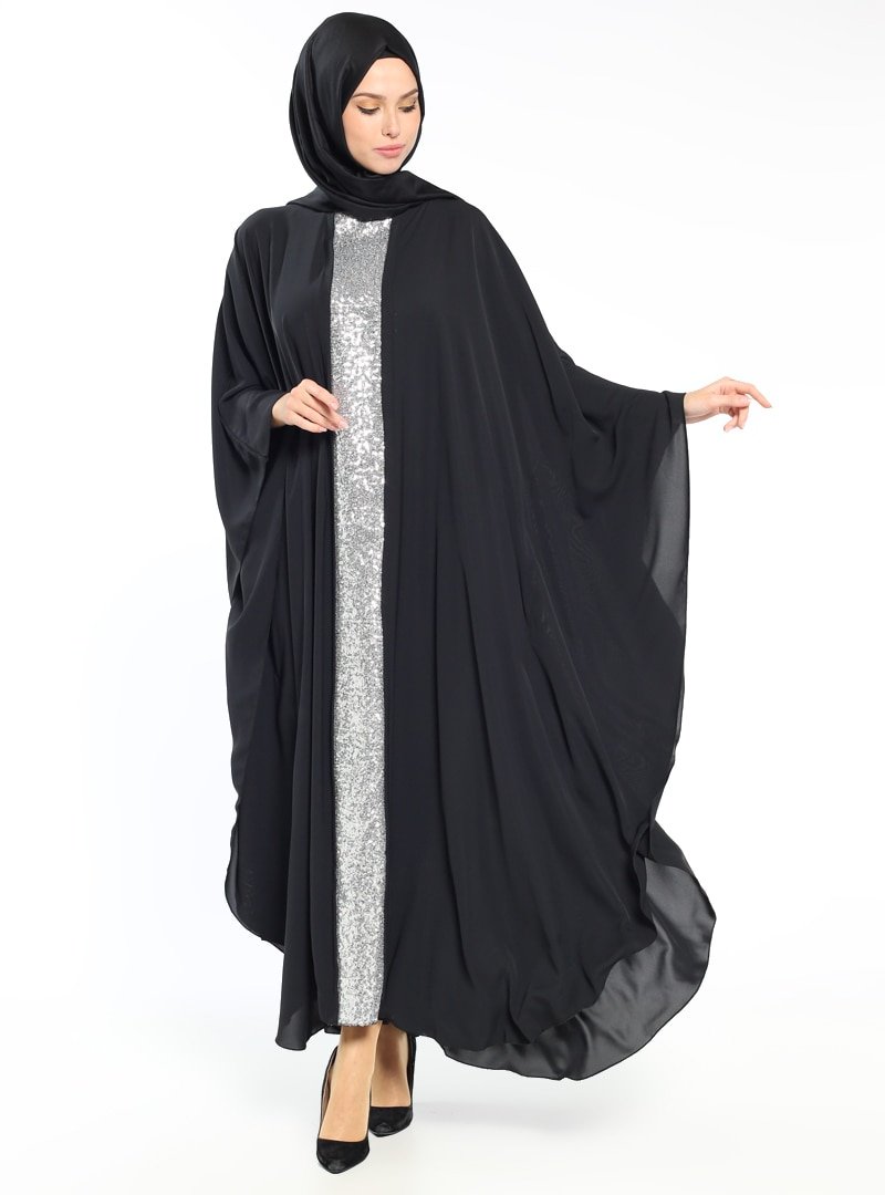 Filizzade Payetli Abiye Ferace Elbise Siyah Gümüş