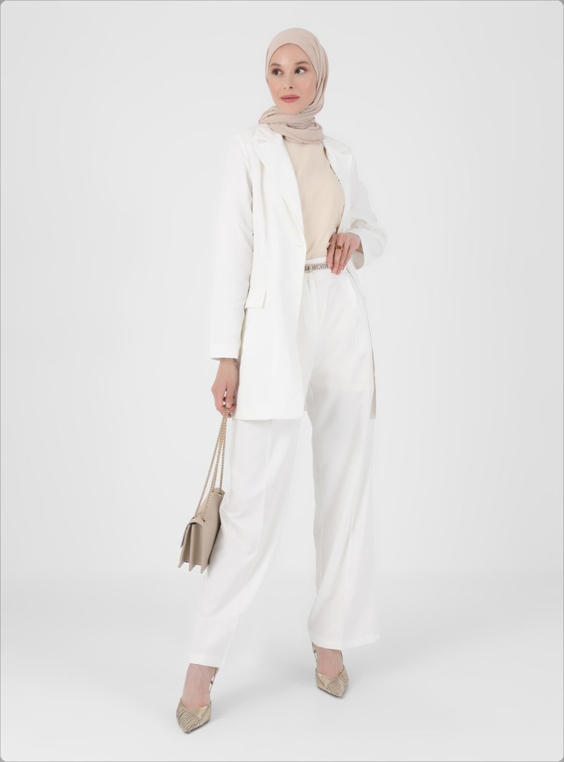 Refka Off White Pileli Klasik Kumaş Pantolon