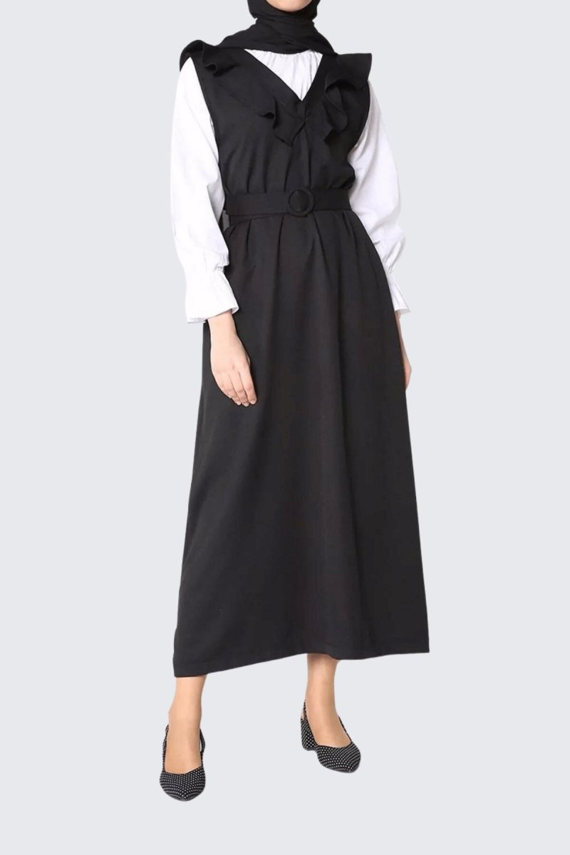 butikburuc Siyah Yakası Fırfırlı Kemerli Jile Elbise