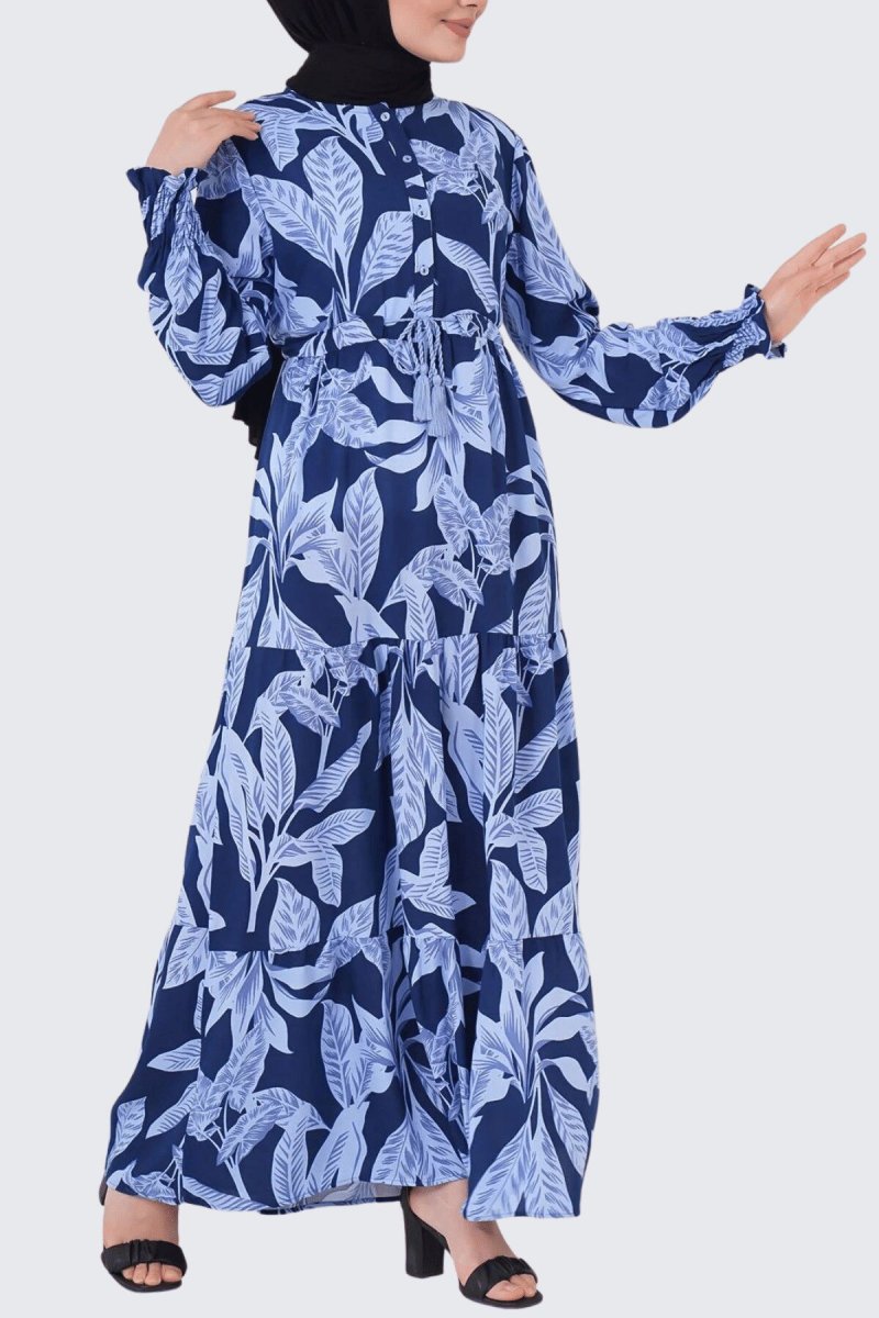 butikburuc Lacivert Önden Bağlamalı Yaprak Desen Boydan Elbise