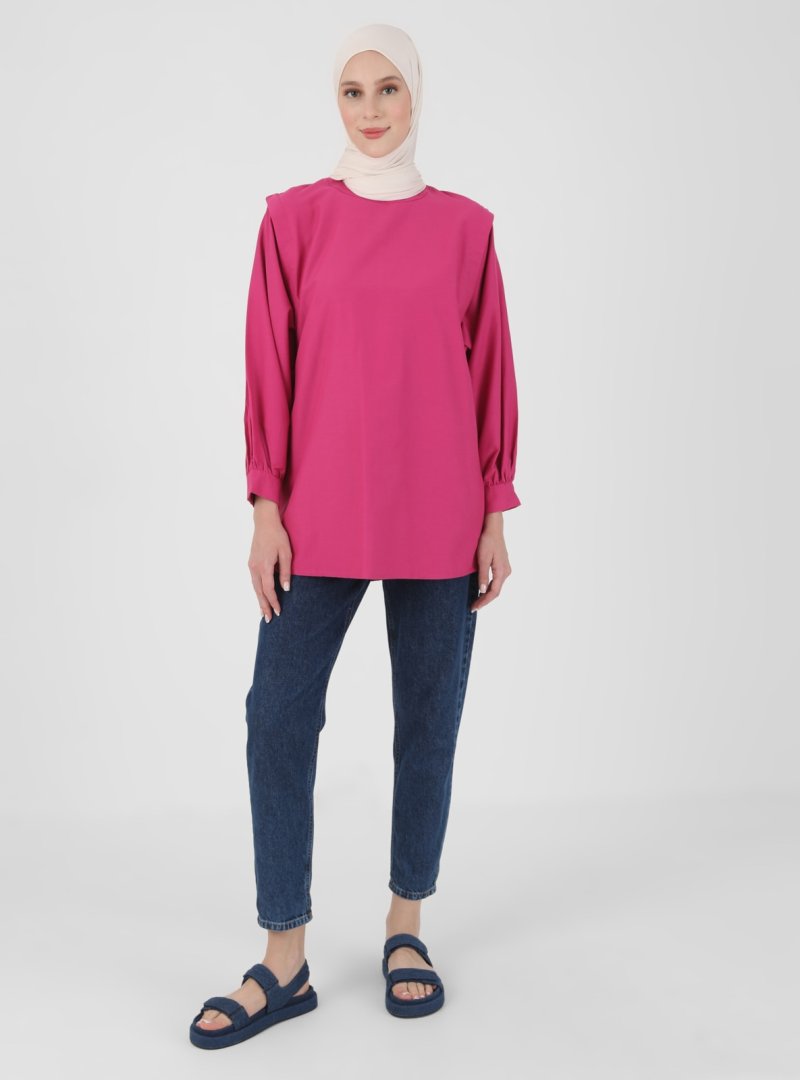 Refka Fuşya Omuz Detaylı Oversize Poplin Tunik