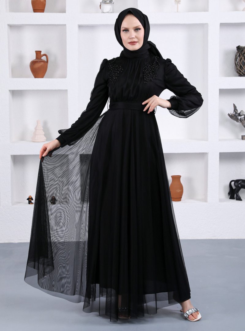 Sew&Design Siyah Omzu Aplikeli İncili Abiye Elbise