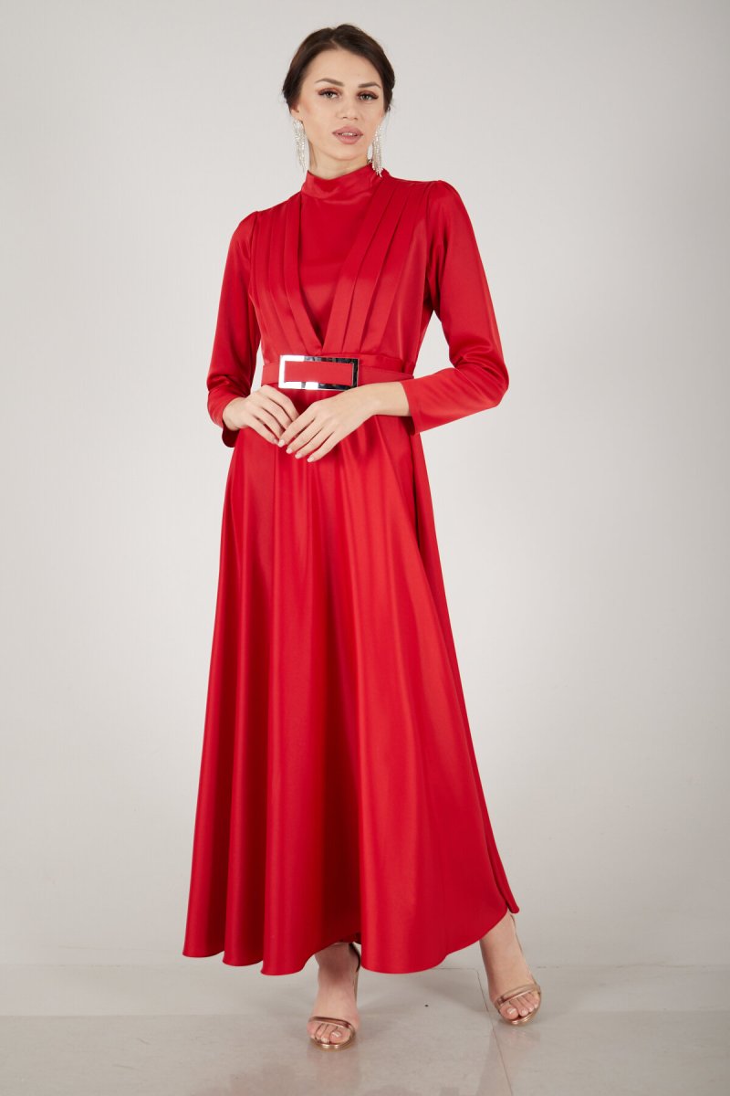 Ardanewline Kırmızı Önü Drape Detaylı Saten Abiye Elbise