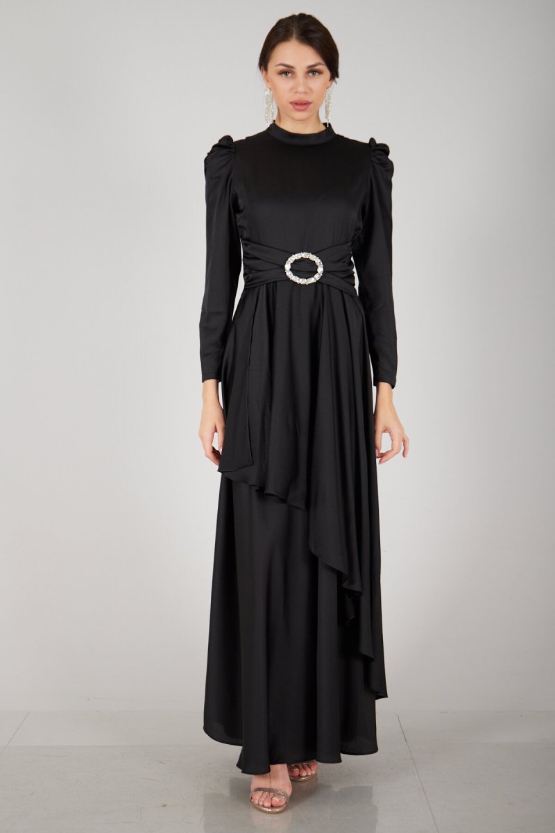 Ardanewline Siyah Beli Tokalı Saten Abiye Elbise