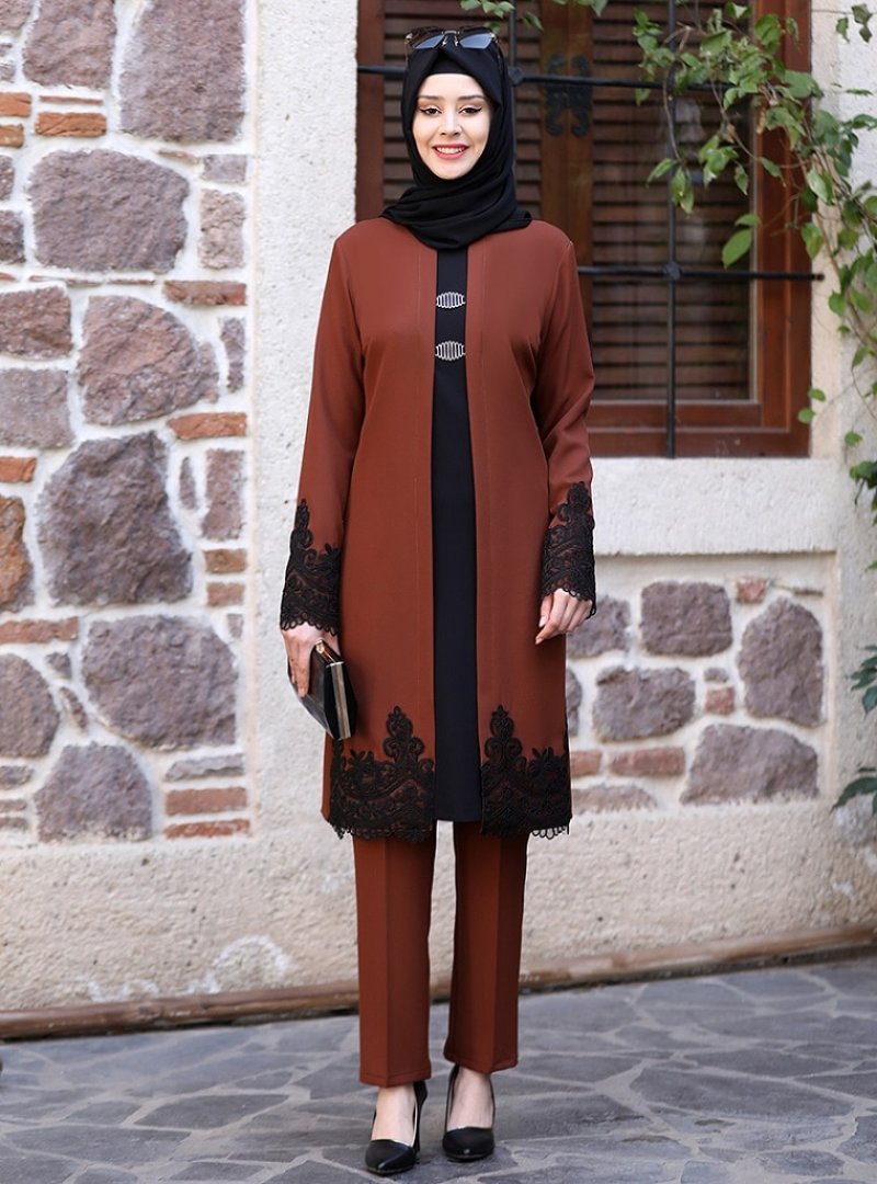 Azra Design Kahverengi Sema Tunik & Pantolon İkili Abiye Takım