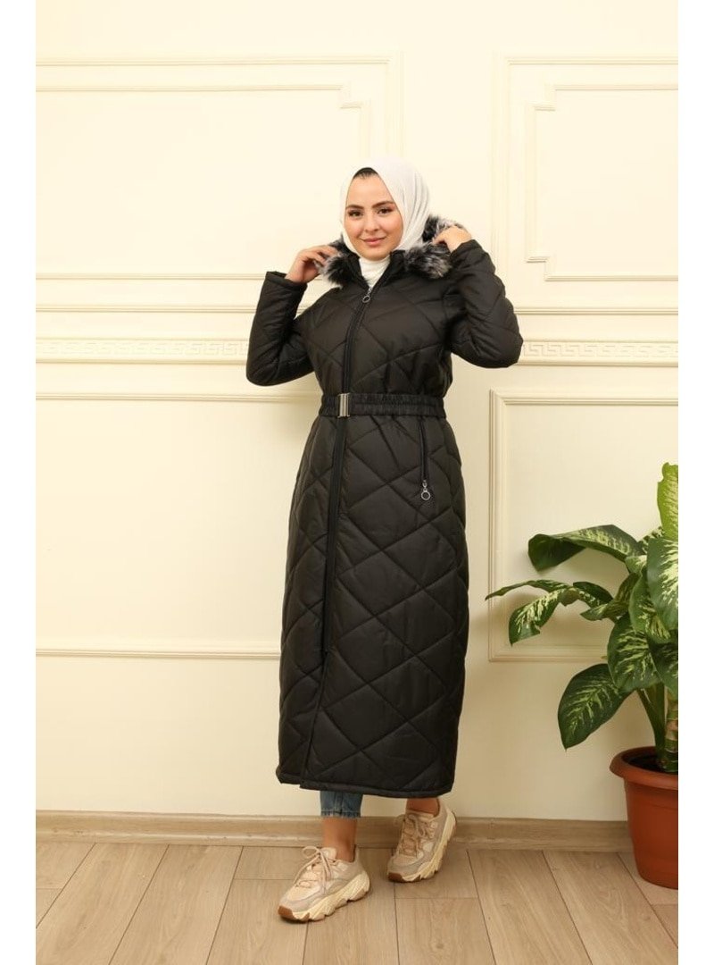 Lurex Moda Siyah Kapitone Kürklü Mont