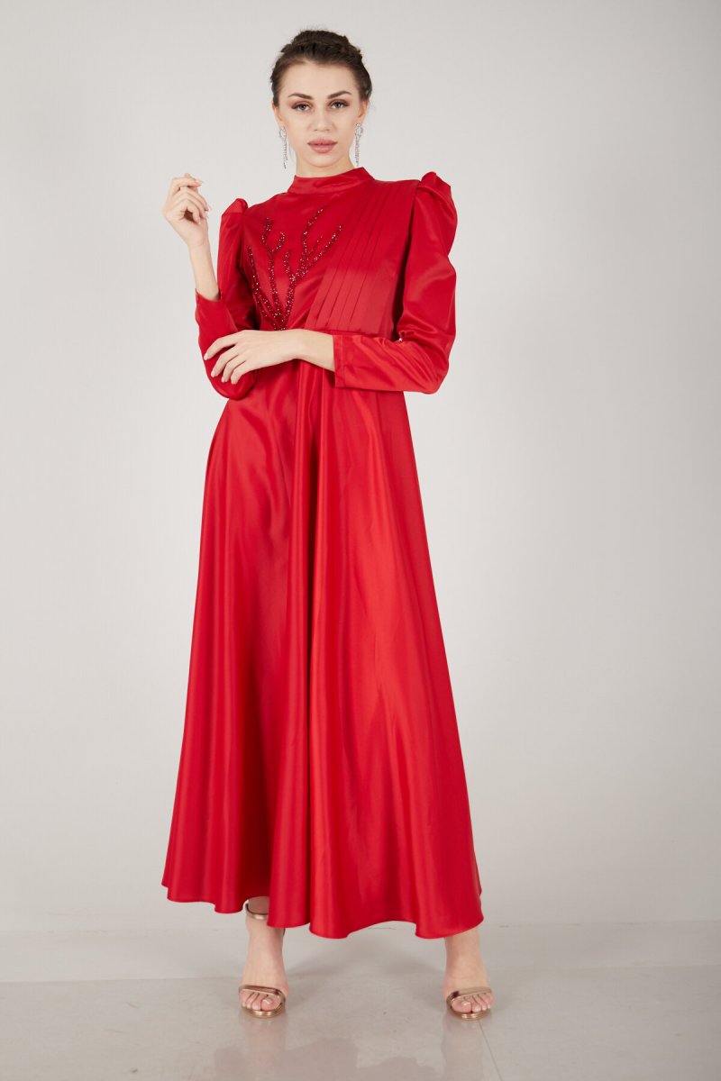Ardanewline Kırmızı Önü Taş İşleme Detaylı Saten Abiye Elbise