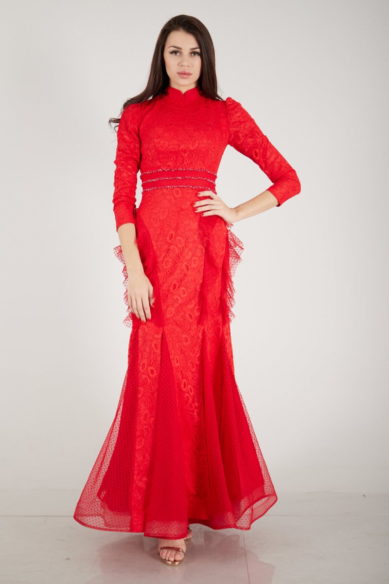 Ardanewline Kırmızı Beli Taş İşleme Detaylı Güpürlü Abiye Elbise