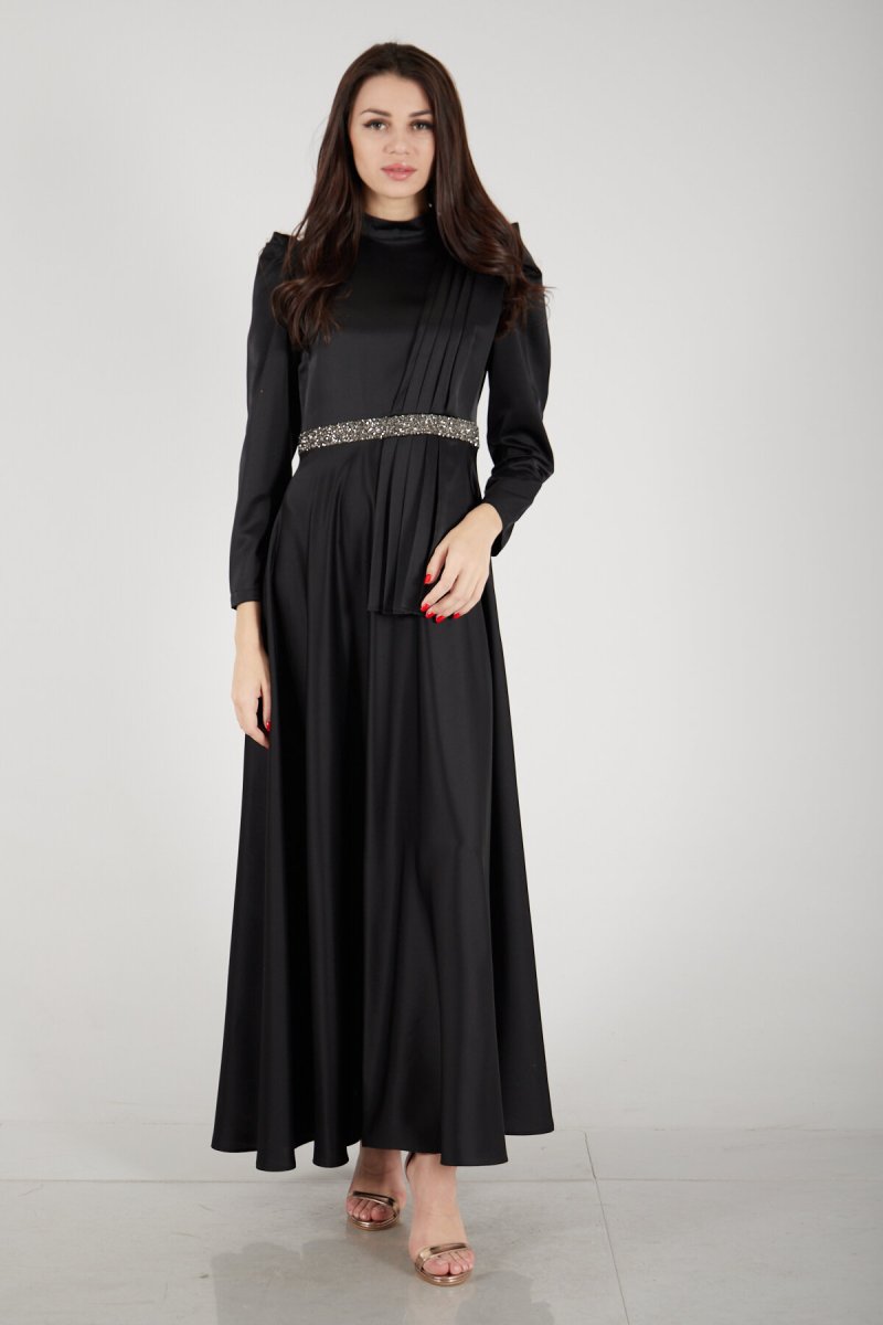 Ardanewline Siyah Beli Taş İşleme Detaylı Saten Abiye Elbise
