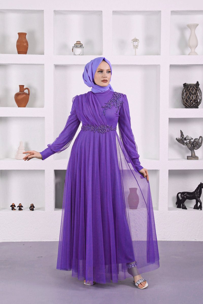 Sew&Design Leylak Aplikeli İnci İşlemeli Abiye Elbise