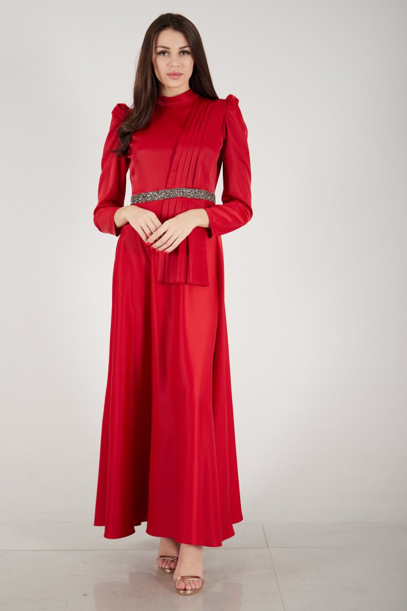 Ardanewline Kırmızı Beli Taş İşleme Detaylı Saten Abiye Elbise
