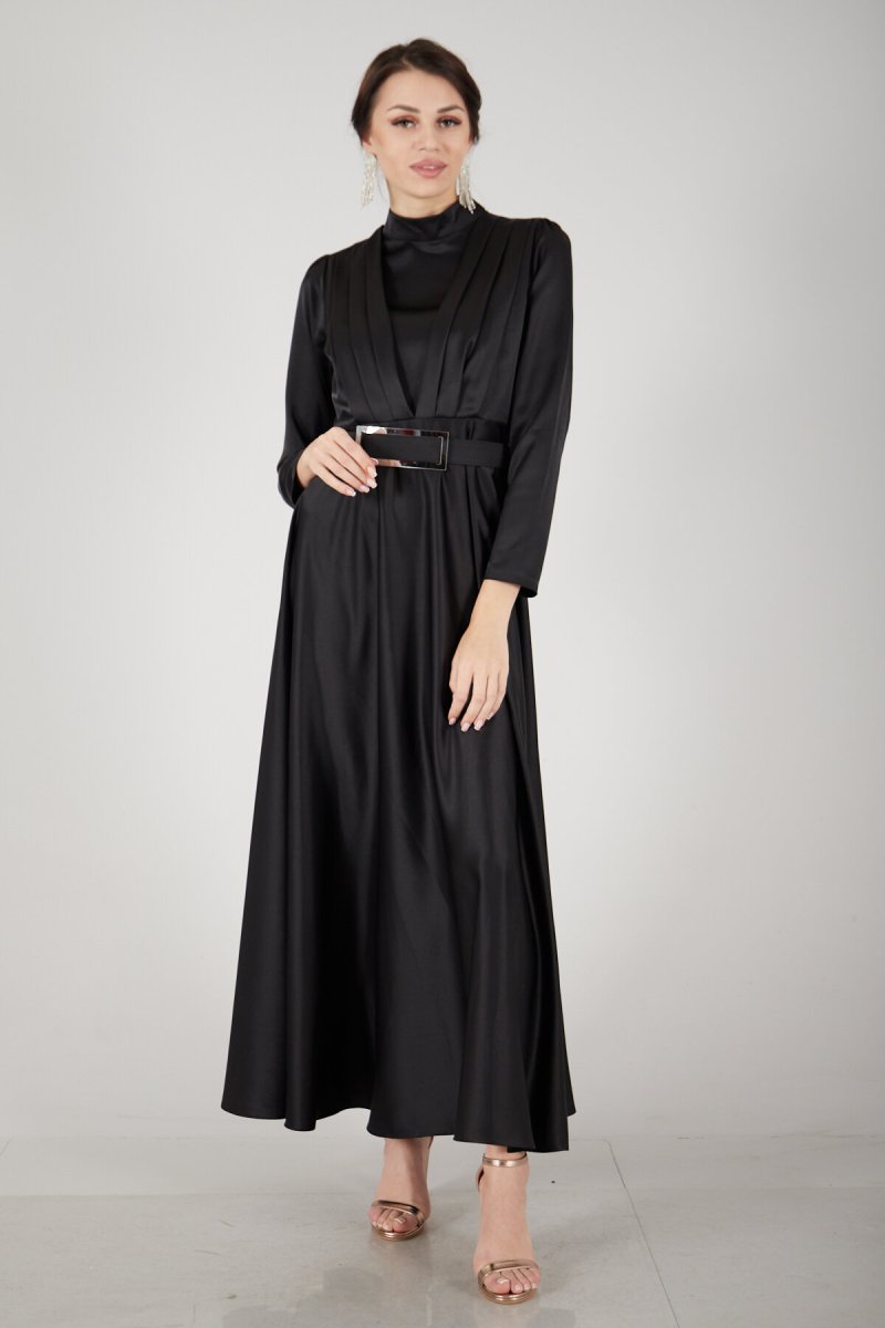 Ardanewline Siyah Önü Drape Detaylı Saten Abiye Elbise