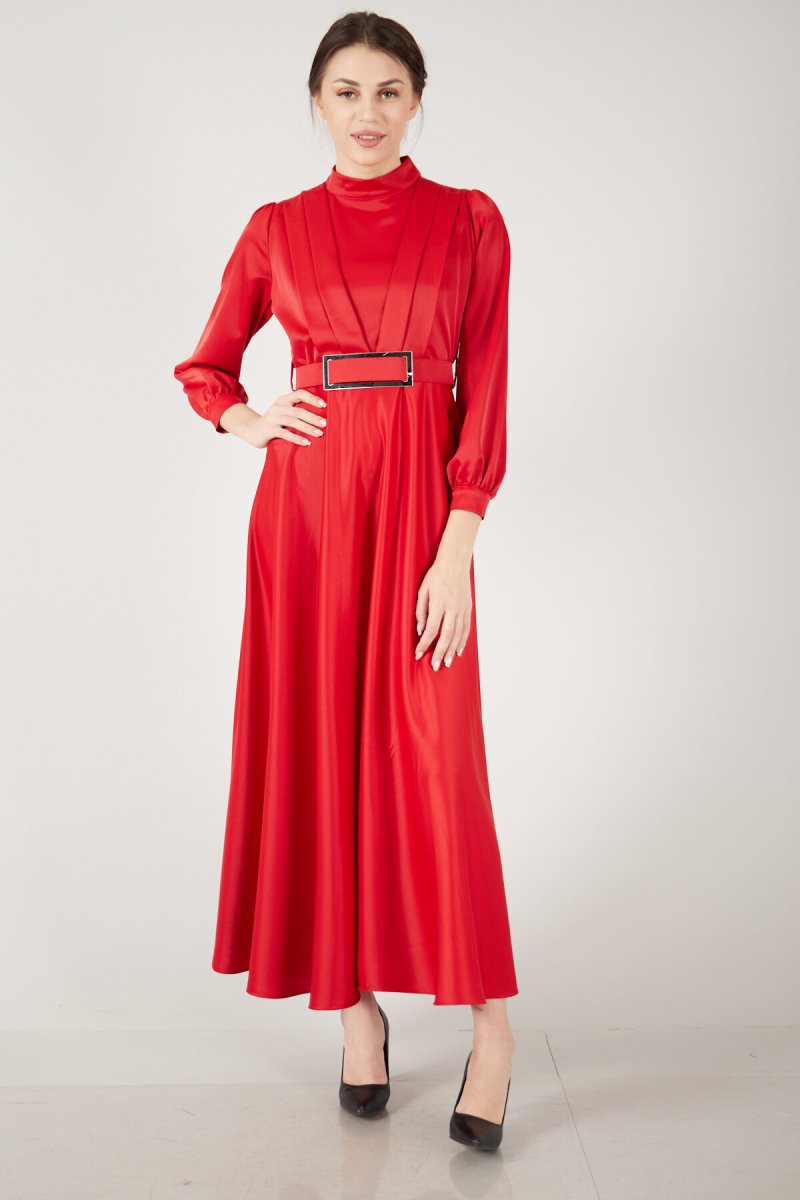 Ardanewline Kırmızı Uzun Kol Saten Abiye Elbise