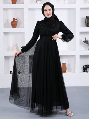 Sew&Design Siyah Omzu Aplikeli İncili Abiye Elbise