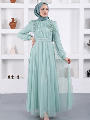 Sew&Design Yeşili Omzu Aplikeli İncili Abiye Elbise Mint