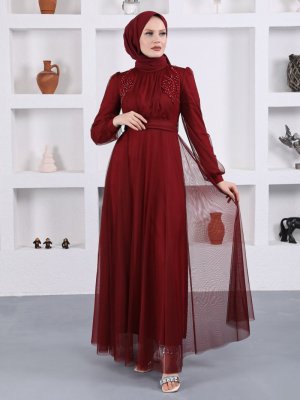 Sew&Design Bordo Omzu Aplikeli İncili Abiye Elbise