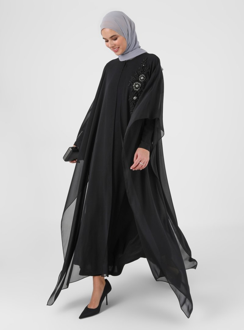 Refka Siyah Boncuk İşlemeli Elbise & Abaya İkili Abiye Takım