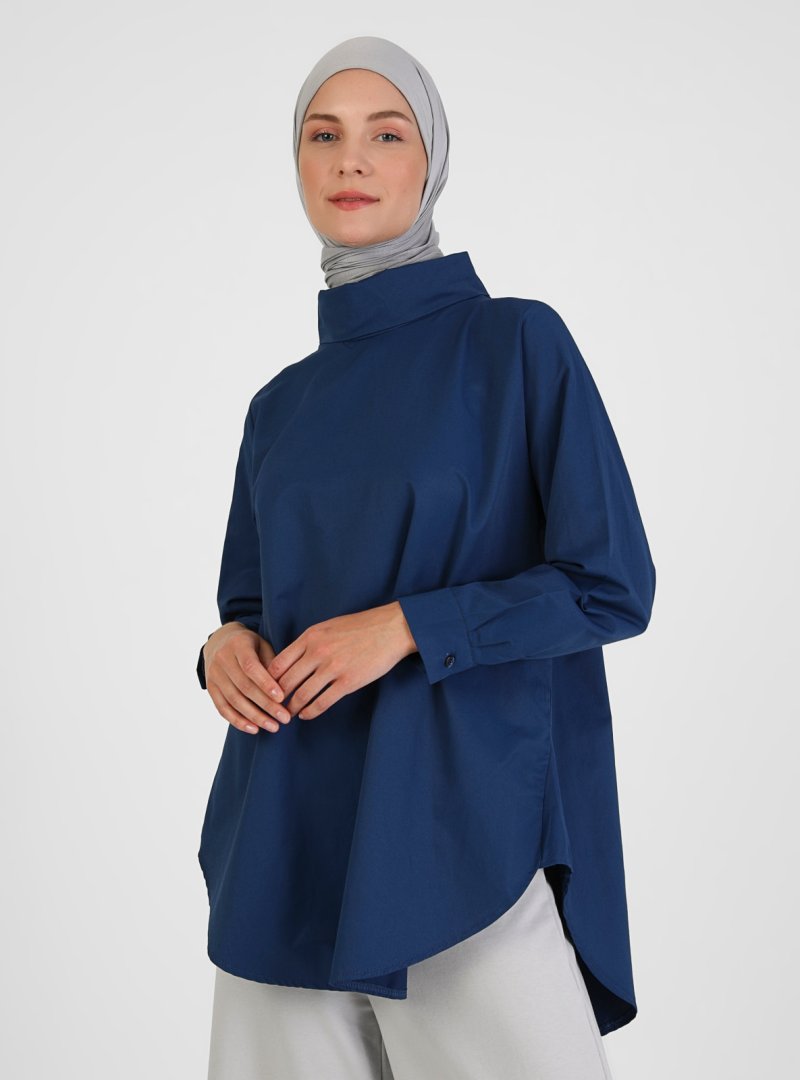 Refka İndigo Dik Yaka Oversize Poplin Tunik