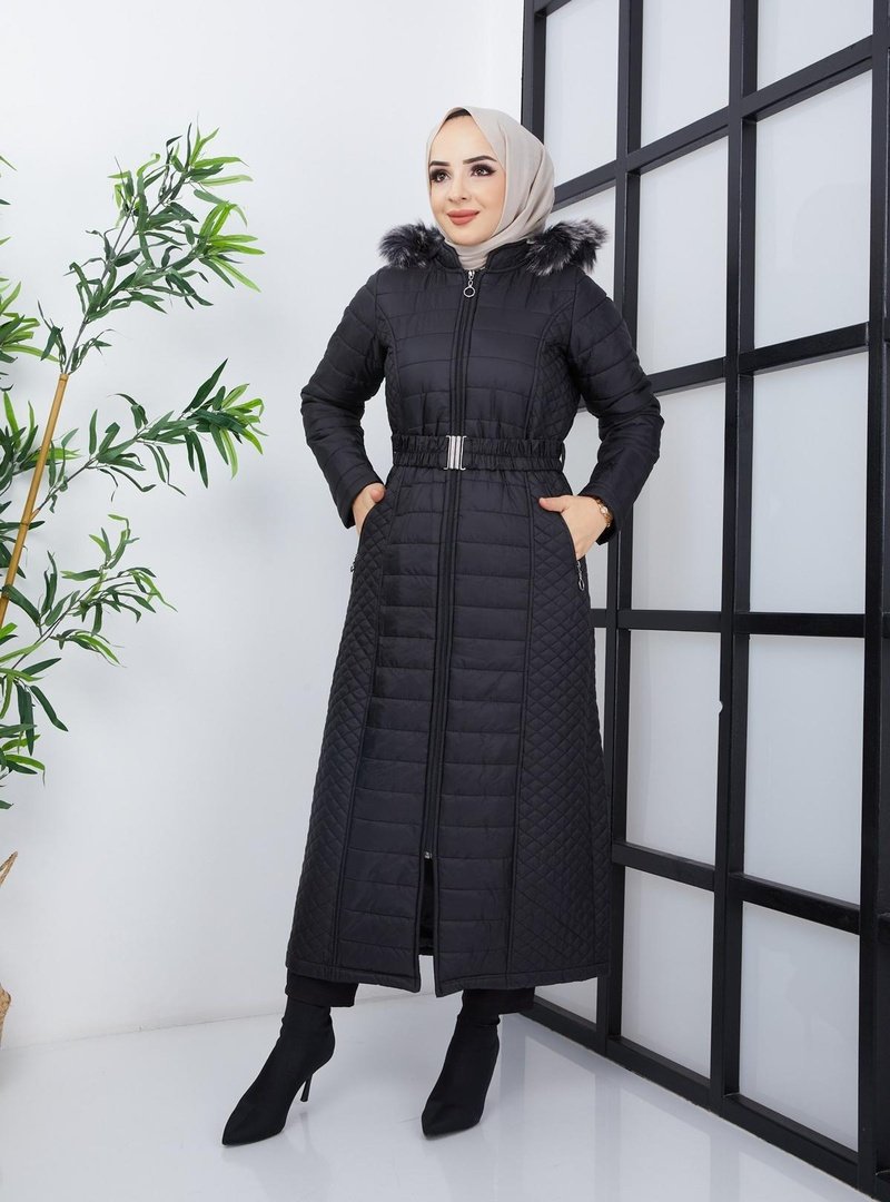 Lurex Moda Siyah Çift Desenli Uzun Kapitone Mont