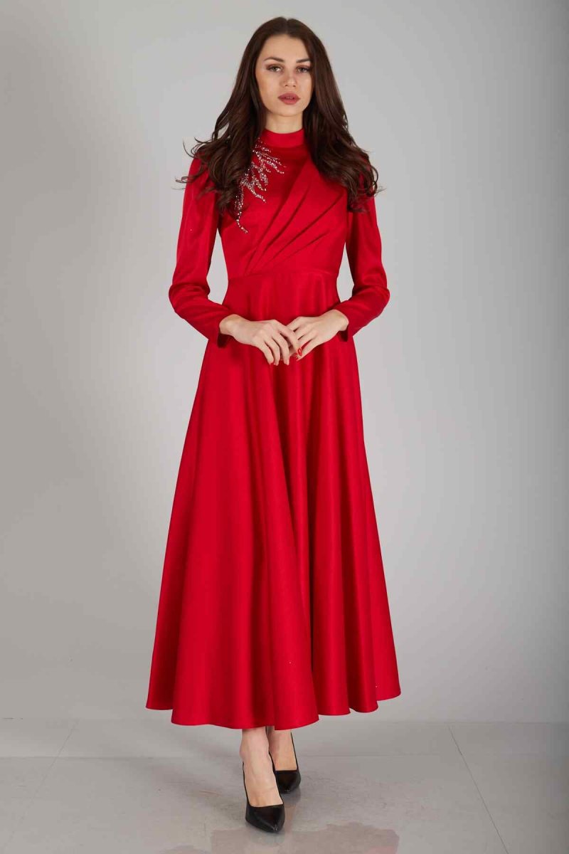 Ardanewline Kırmızı İşlemeli Saten Abiye Elbise