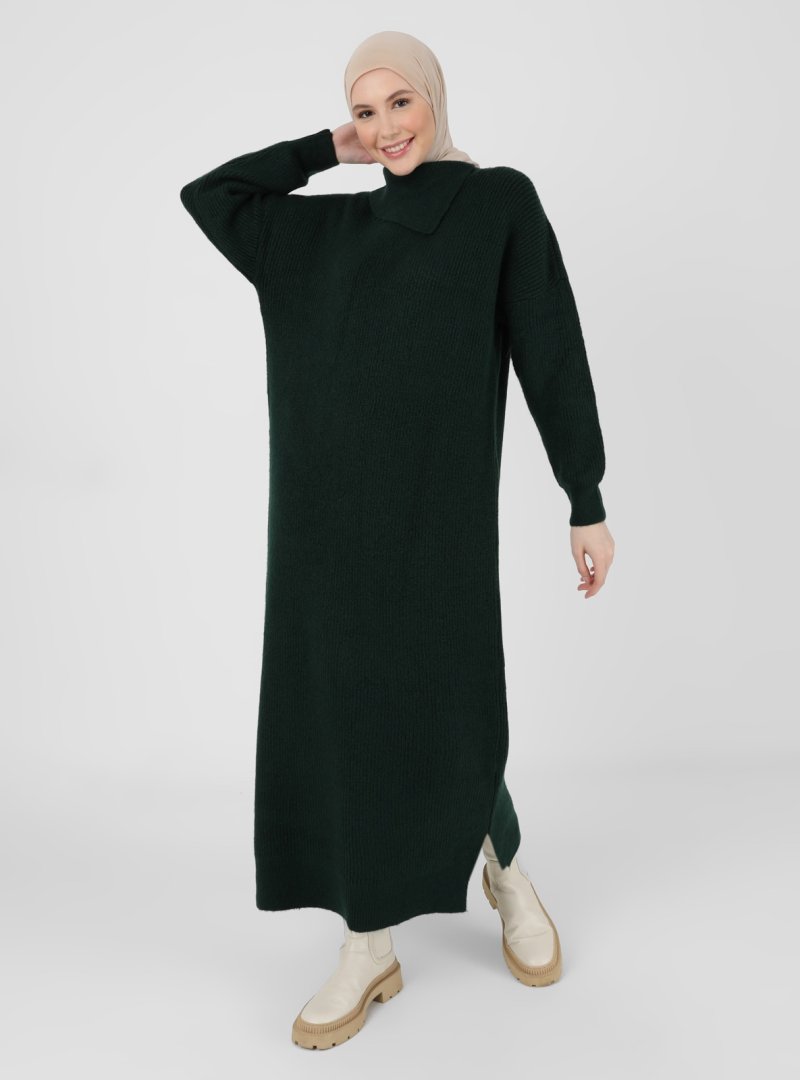 Refka Zümrüt Yeşili Yaka Detaylı Triko Elbise