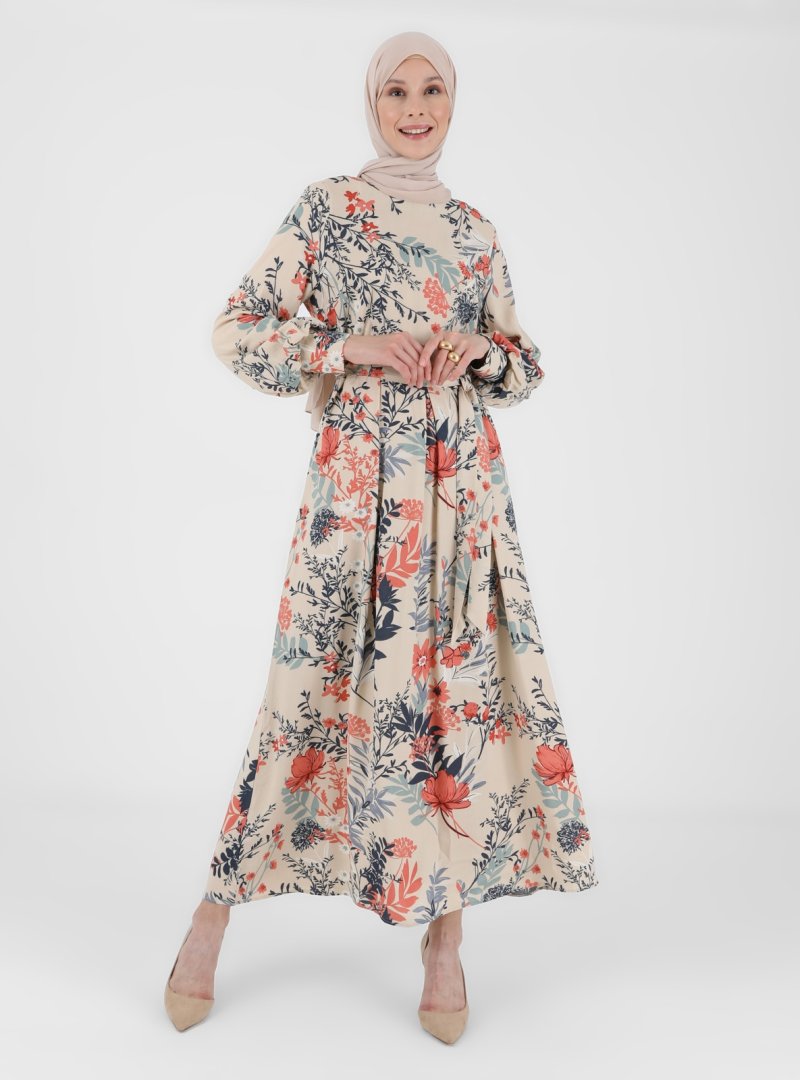 Refka Doğal Kumaşlı Desenli Elbise Bej Somon