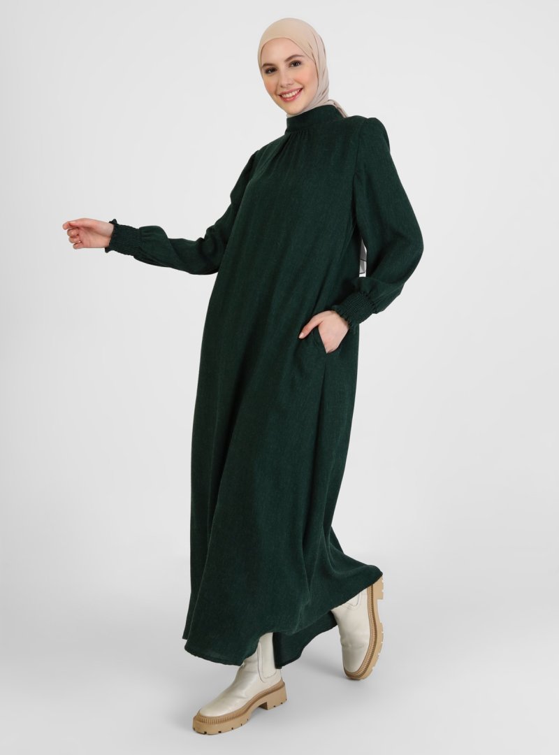 Refka Zümrüt Yeşili Gipe Ve Kuşak Detaylı Elbise