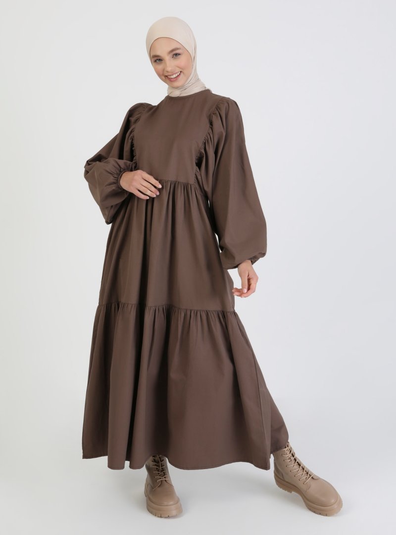 Benin Kahverengi Balon Kol Pamuk Kumaşlı Elbise