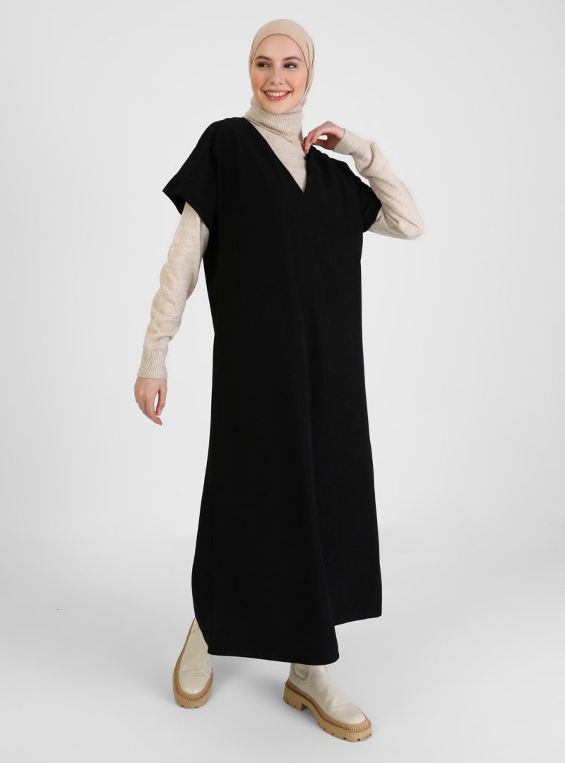 Refka Siyah Deri Görünümlü Elbise