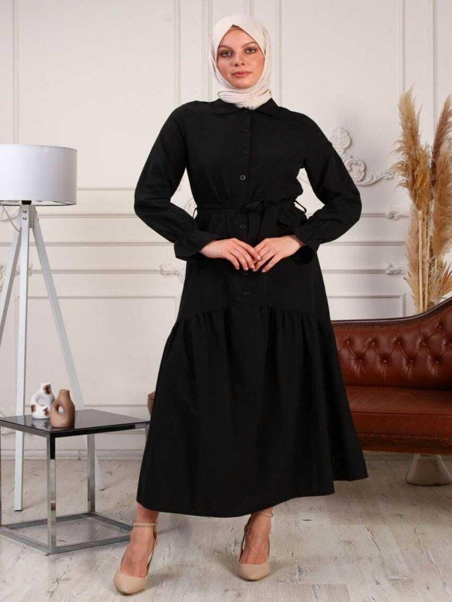 Cng Moda Siyah Yaka Volanlı Kol Terikoton Gömlek Elbise
