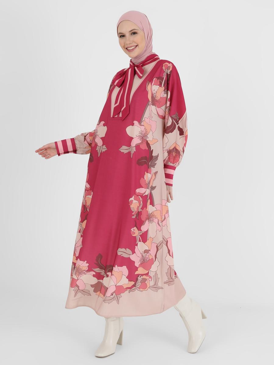Refka Vişne Bej Bağlama Detaylı Çiçek Desenli Elbise