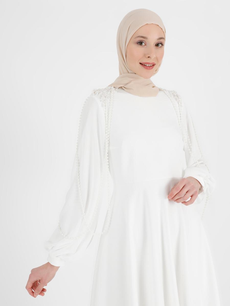 Refka Beyaz Nakış Ve İnci Detaylı Abiye Nikah Elbisesi