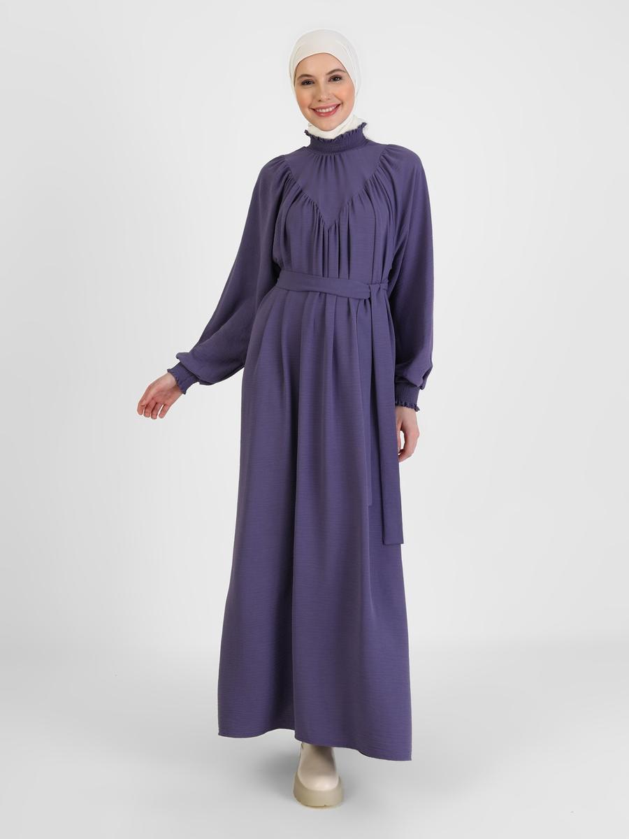 Refka Vintage Mor Kol Ucu Ve Yakası Fırfır Detaylı Kuşaklı Elbise