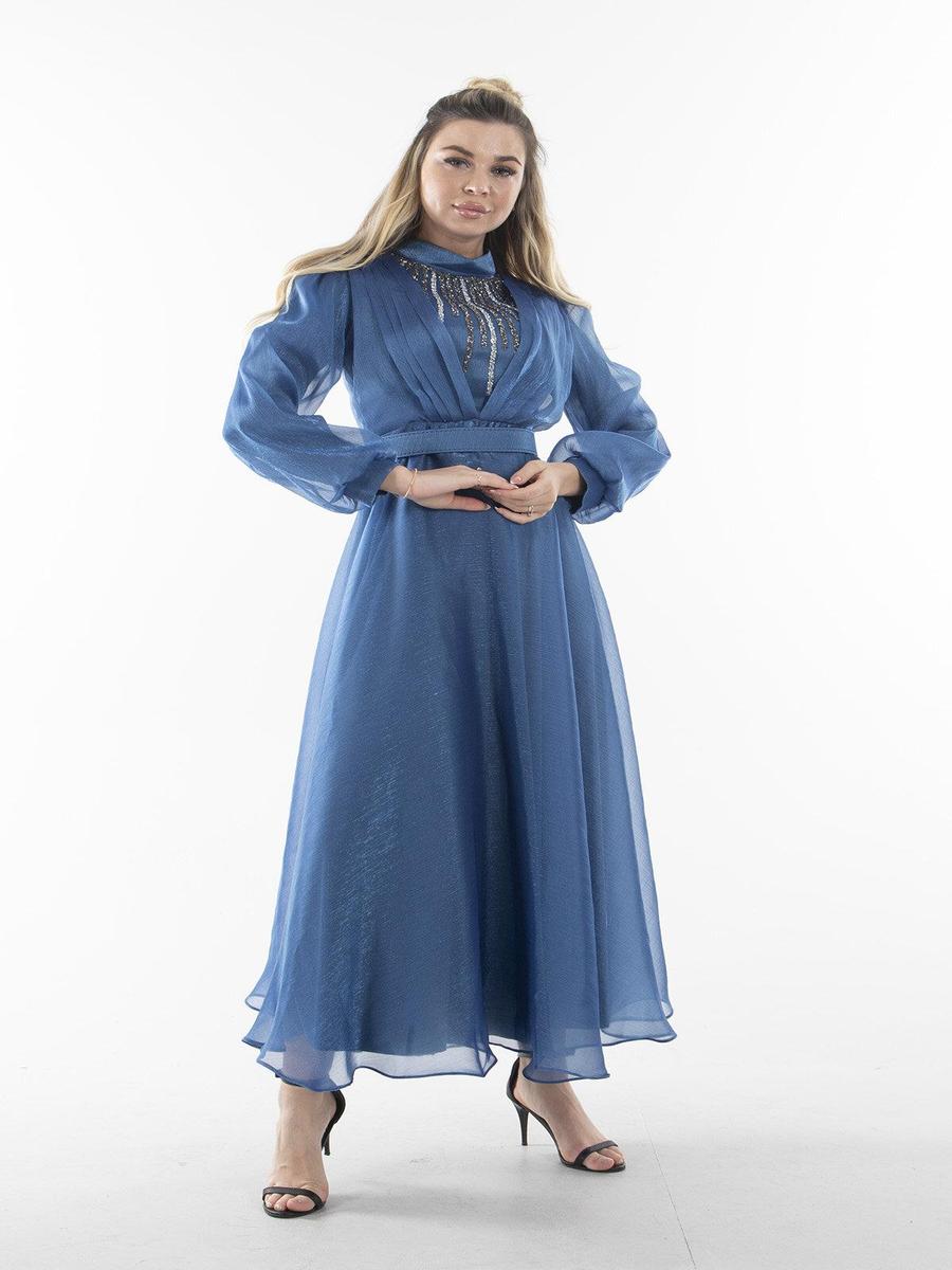 Ardanewline İndigo Uzun Kol İşlemeli Ve Drape Detaylı Abiye Elbise