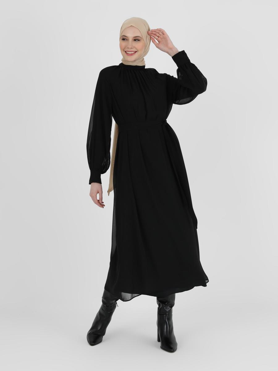 Refka Siyah Kuşaklı Şifon Elbise