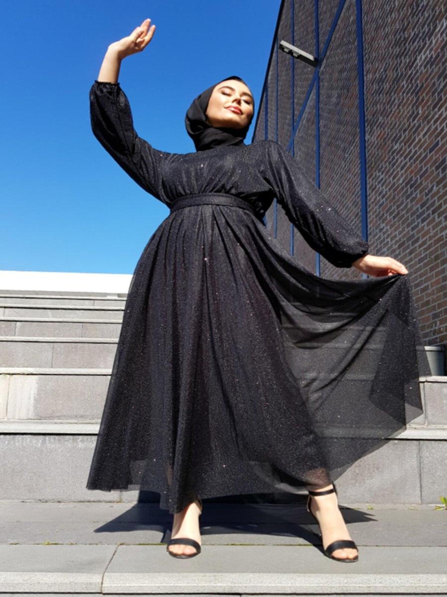 Cng Moda Siyah Simli Belden Kuşaklı Abiye Elbise