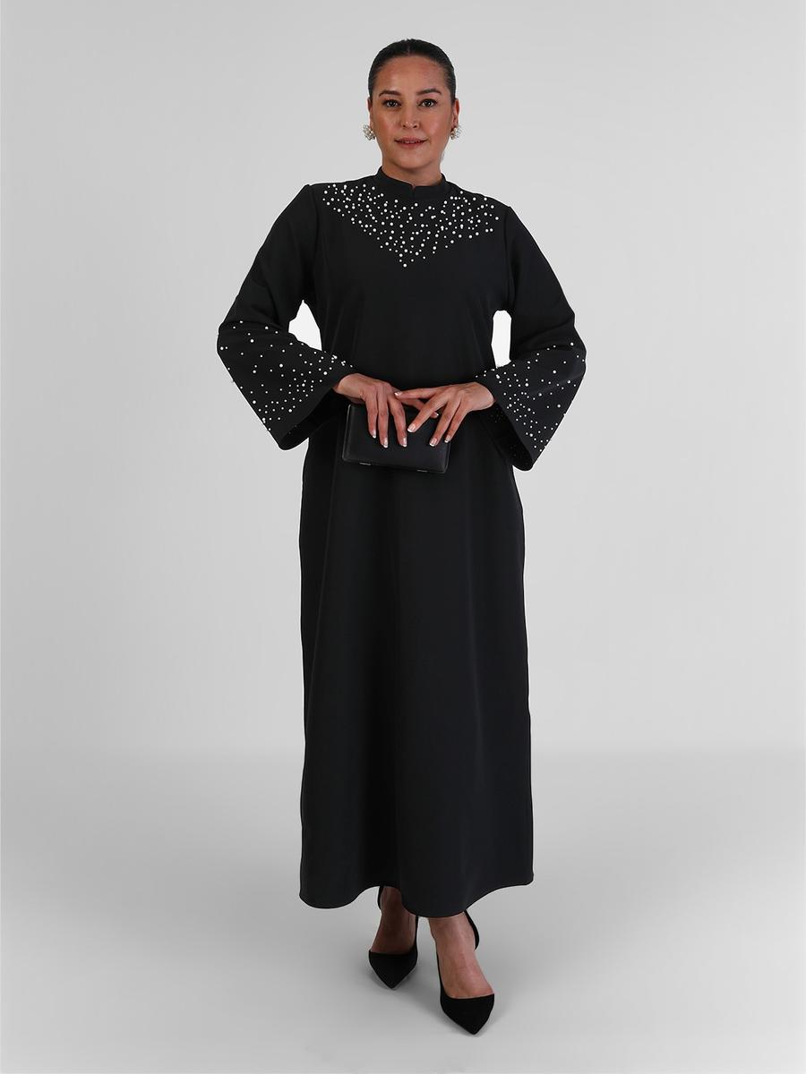 Alia Siyah Büyük Beden Boncuk Detaylı Abiye Elbise