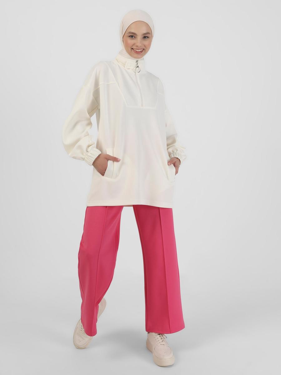 Benin Ekru Scuba Fermuarlı Sweatshirt