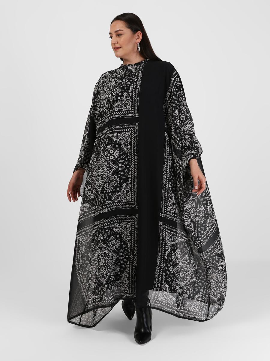 Alia Siyah Büyük Beden Doğal Kumaşlı Pano Desenli Şifon Elbise