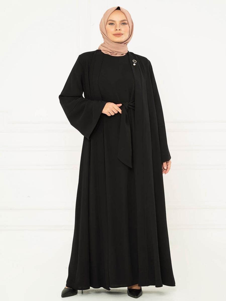 Beyza Siyah Kuşaklı Abaya Takım