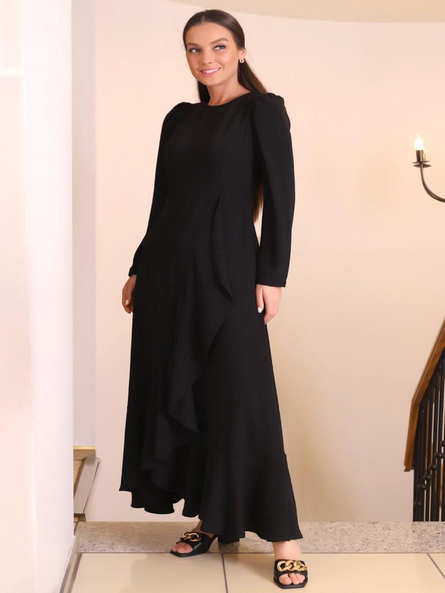 Al Marwah Siyah Sıfır Yakalı Uzun Elbise
