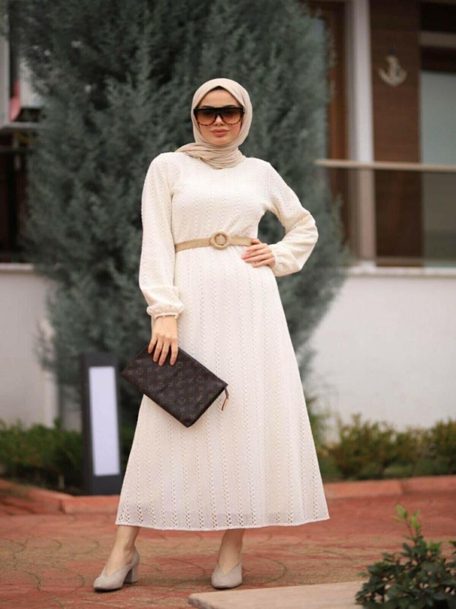 Cng Moda Beyaz Danteli Astarlı Hasır Kemerli Elbise