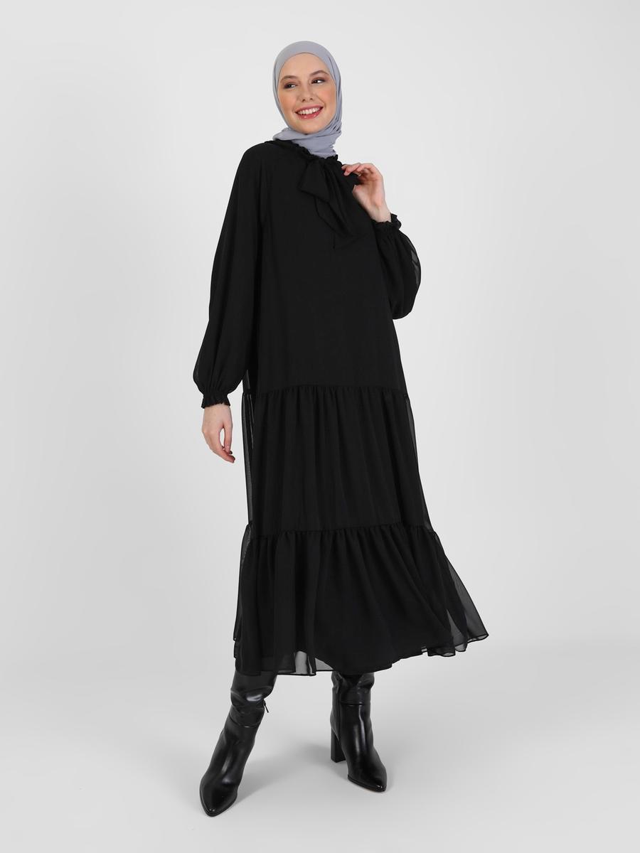 Refka Siyah Bağlama Detaylı Şifon Elbise
