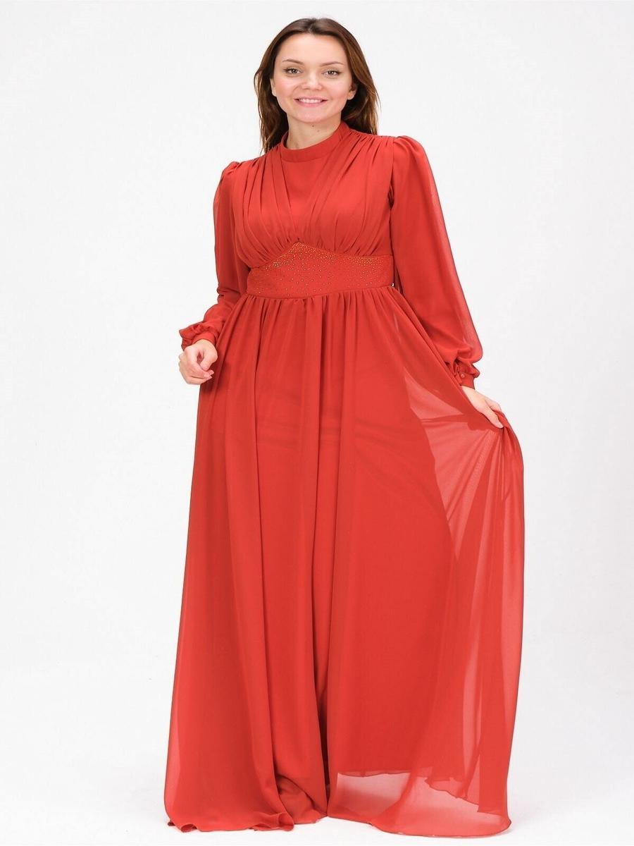 Mylace Kiremit Beli Taş İşlemeli Pile Detaylı Şifon Abiye Elbise