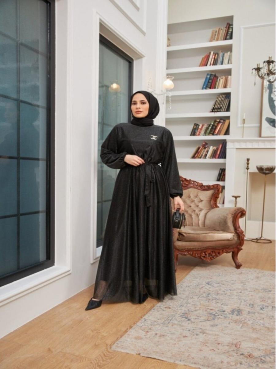 Cng Moda Siyah Simli Beli Lastikli Kuşaklı Abiye Elbise